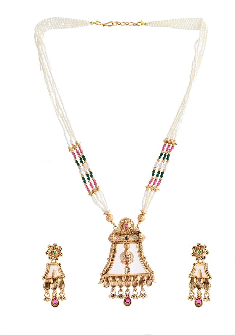 Gold Plated Moon Stone Studded Long Necklace With Earrings Set