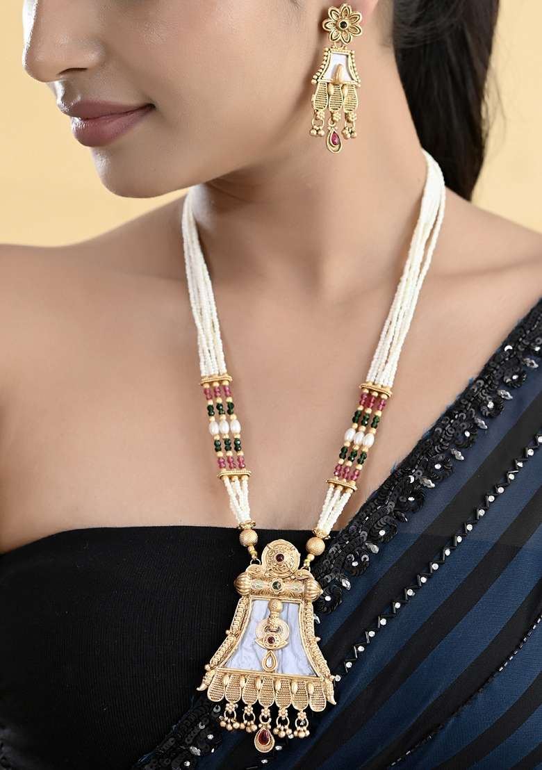 Gold Plated Moon Stone Studded Long Necklace With Earrings Set - Indya