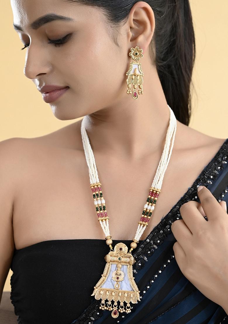 Gold Plated Moon Stone Studded Long Necklace With Earrings Set