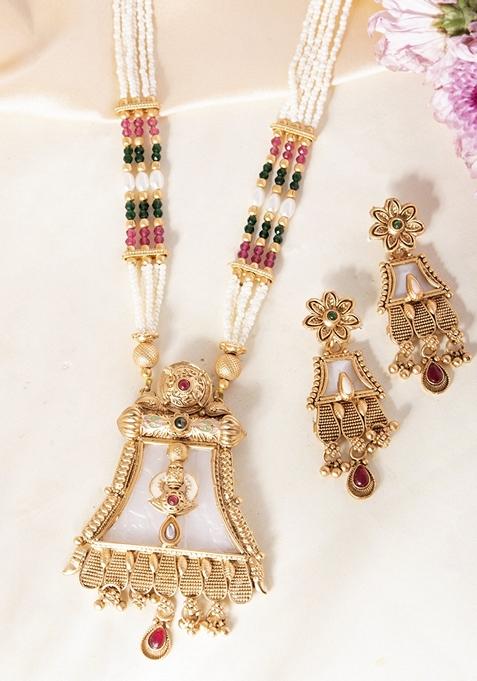 Gold Plated Moon Stone Studded Long Necklace With Earrings Set