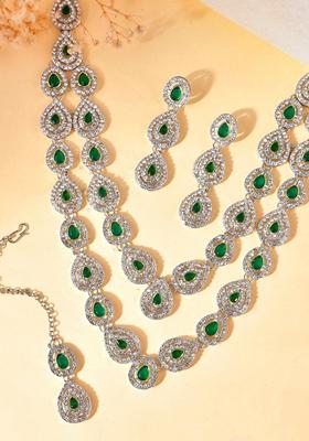 Silver Ad Studded With Stone Layered Necklace Set