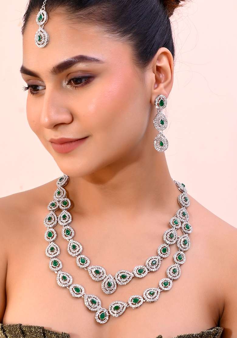 Silver Ad Studded With Stone Layered Necklace Set - Indya