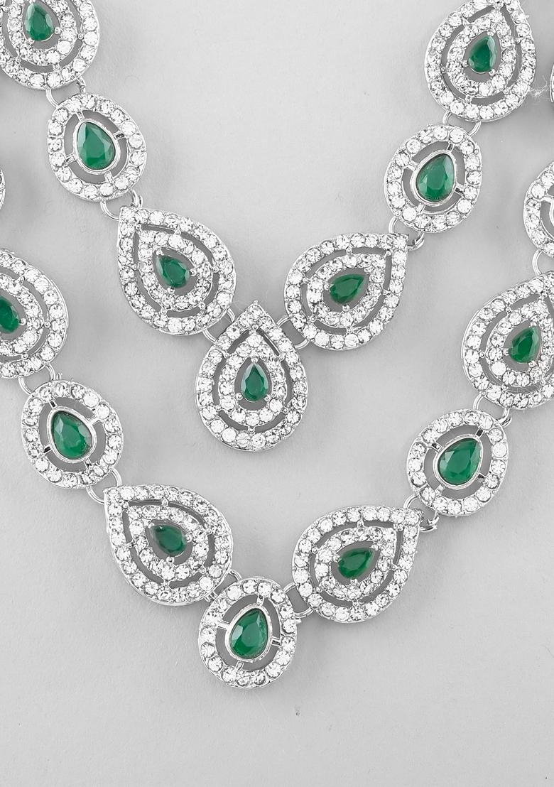 Silver Ad Studded With Stone Layered Necklace Set