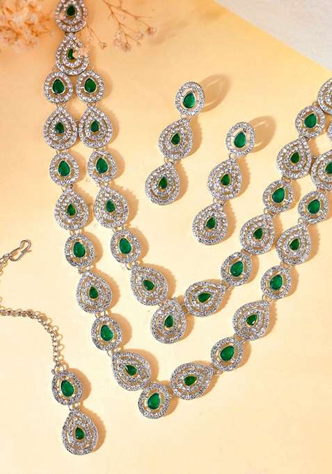 Silver Ad Studded With Stone Layered Necklace Set