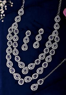 Silver And Purple Plated Stainless Steel American Diamond Studded Necklace Set