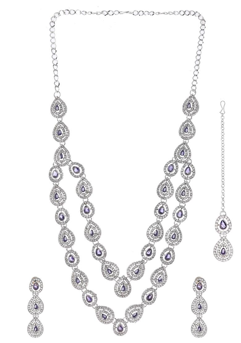 Silver And Purple Plated Stainless Steel American Diamond Studded Necklace Set