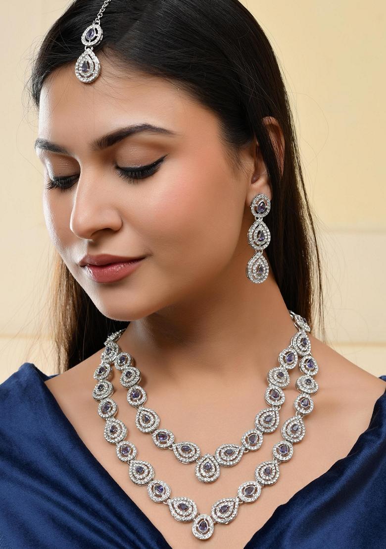 Silver And Purple Plated Stainless Steel American Diamond Studded Necklace Set