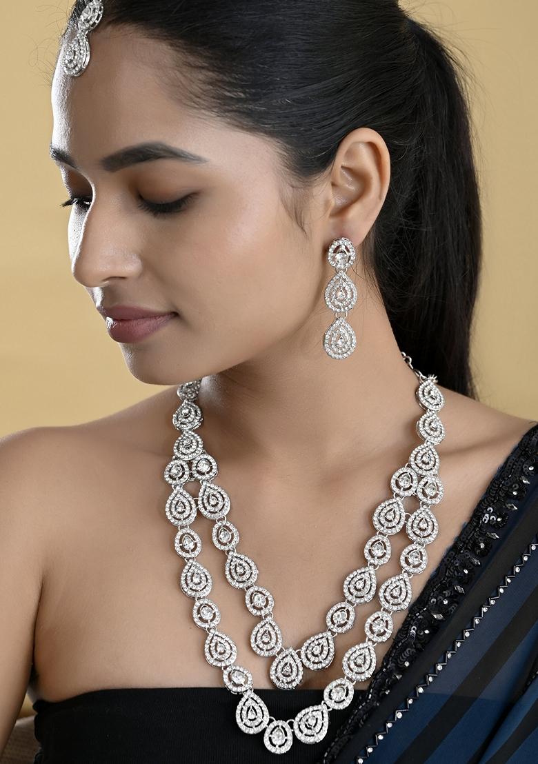 Silver Sliver Plated American Diamond Studded Necklace Set