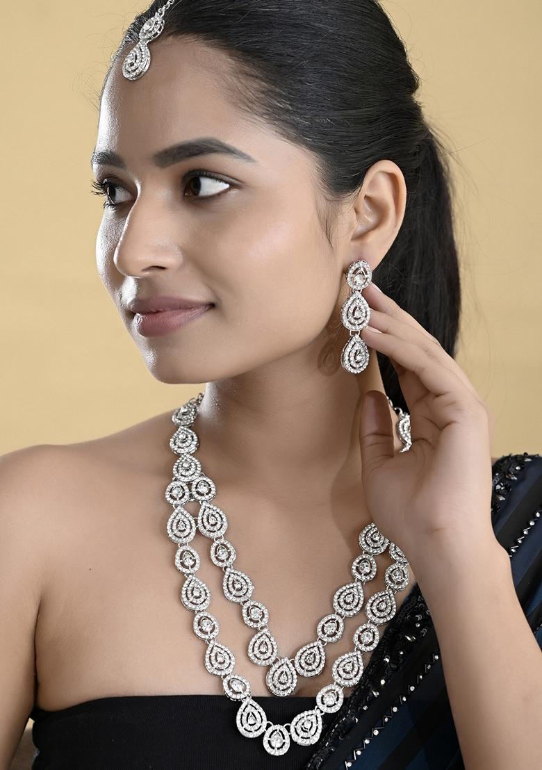 Silver Sliver Plated American Diamond Studded Necklace Set