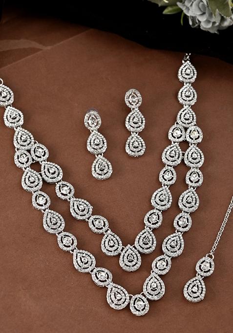 Silver Sliver Plated American Diamond Studded Necklace Set