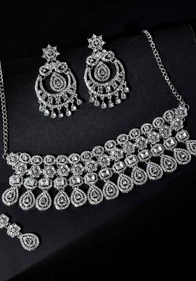 Silver Plated Ad Studded Necklace With Earrings And Mangtikka Set
