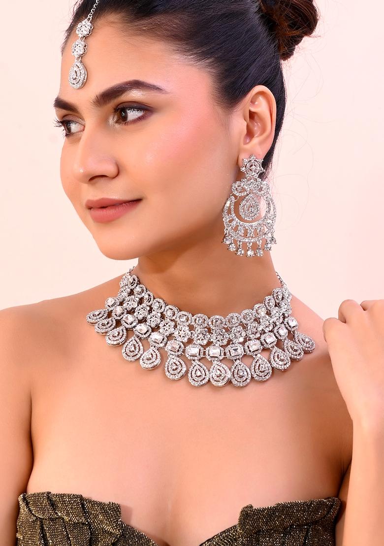 Silver Plated Ad Studded Necklace With Earrings And Mangtikka Set