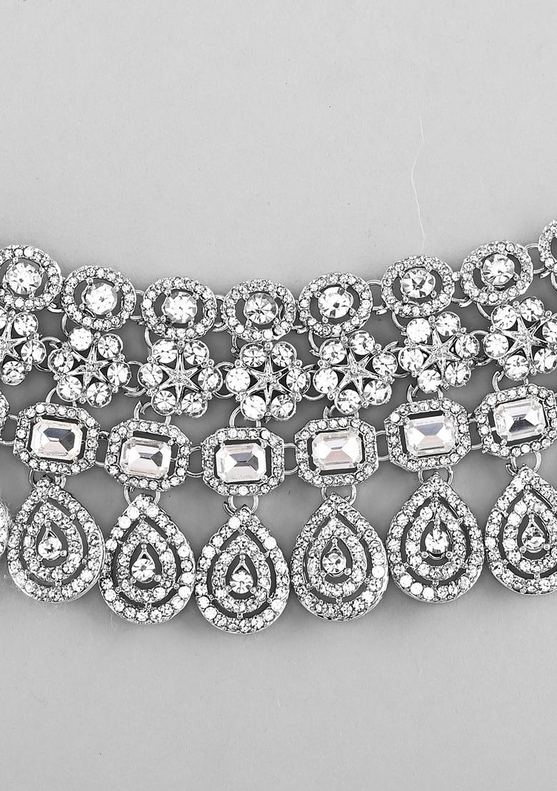 Silver Plated Ad Studded Necklace With Earrings And Mangtikka Set