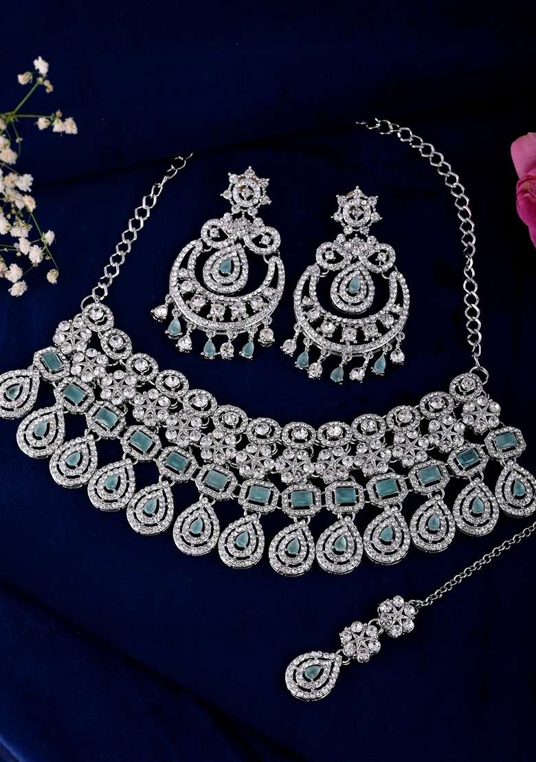 Sea Green And Silver Plated American Diamond Studded Necklace Set - Indya