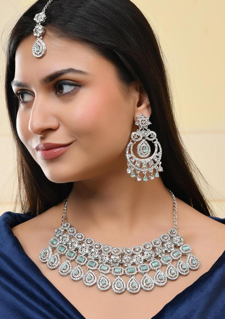 Sea Green And Silver Plated American Diamond Studded Necklace Set
