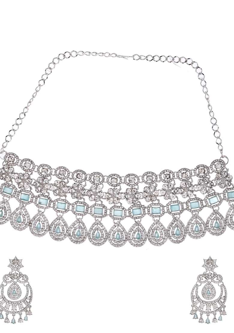 Sea Green And Silver Plated American Diamond Studded Necklace Set - Indya