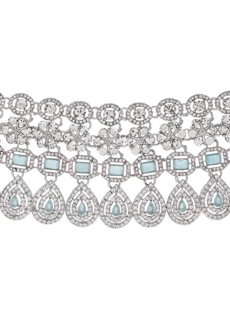 Sea Green And Silver Plated American Diamond Studded Necklace Set