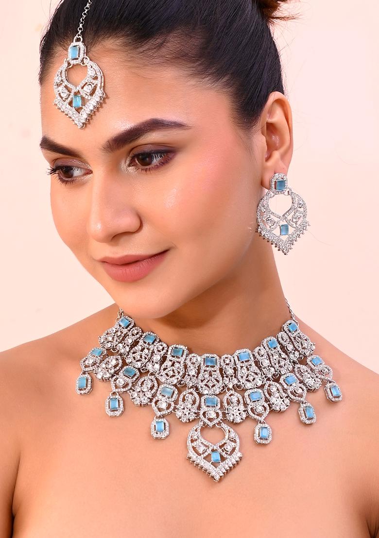 Light Blue Ad Studded Necklace With Earrings And Mangtikka