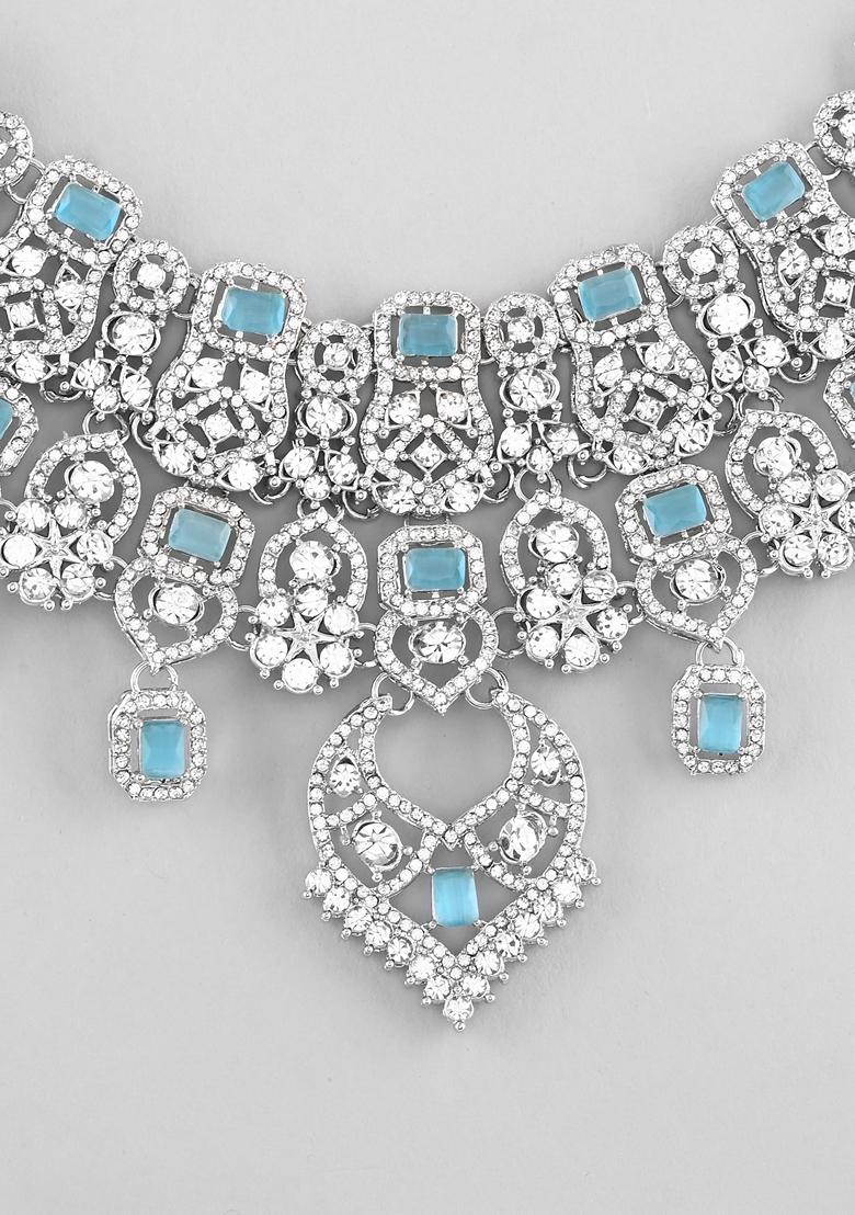 Light Blue Ad Studded Necklace With Earrings And Mangtikka