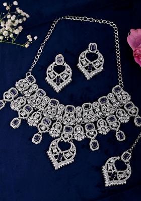 Silver And Purple Plated American Diamond Studded Necklace Set