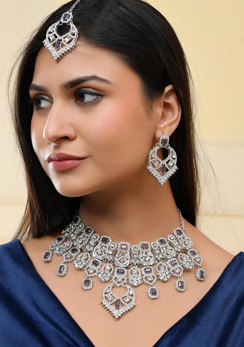 Silver And Purple Plated American Diamond Studded Necklace Set