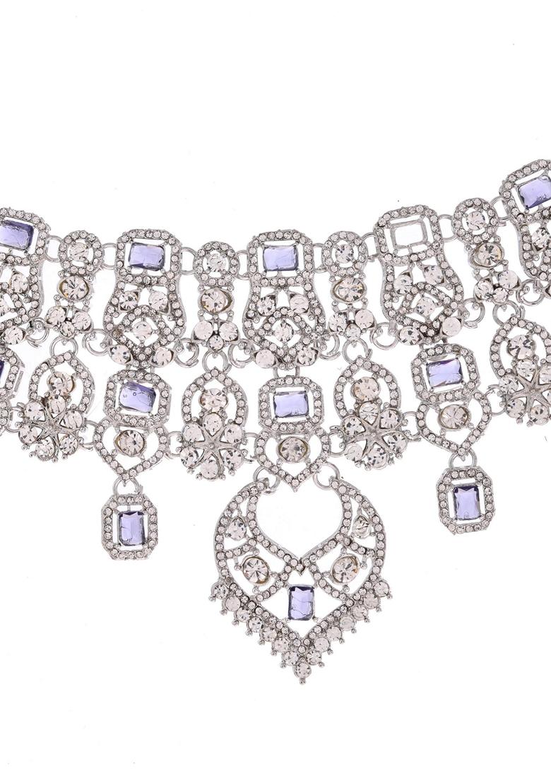 Silver And Purple Plated American Diamond Studded Necklace Set