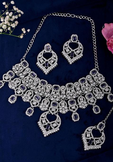 Silver And Purple Plated American Diamond Studded Necklace Set