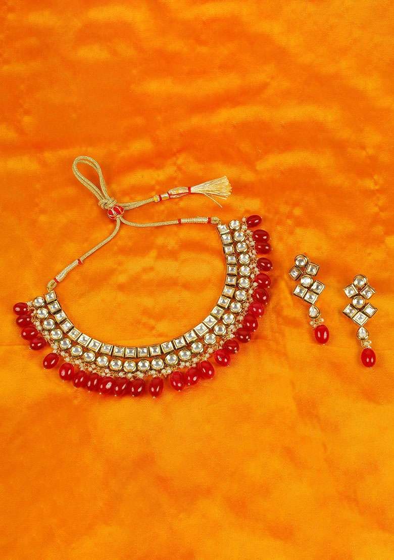 Gold Plated Red Kundan Stone Earring With Necklace Set - Indya