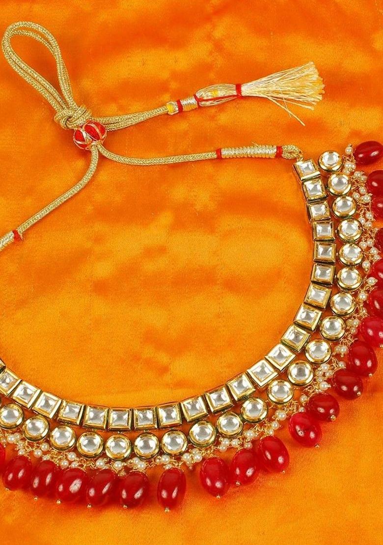 Gold Plated Red Kundan Stone Earring With Necklace Set