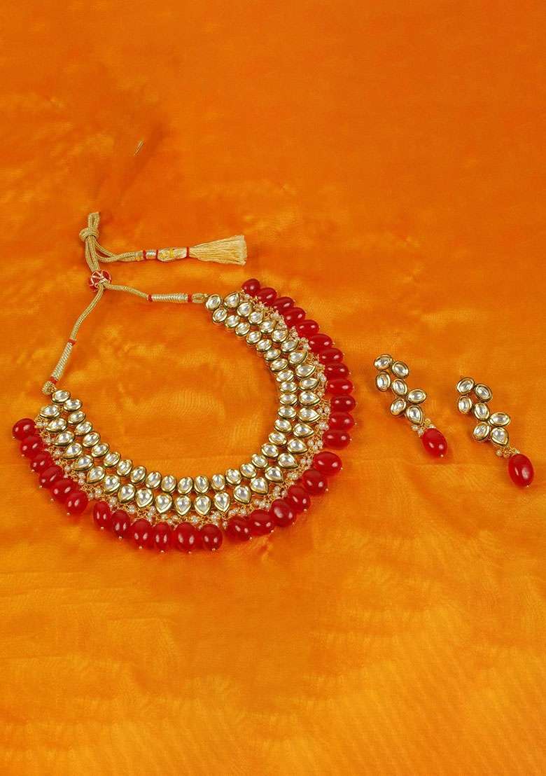 Gold Plated Red Kundan Stone Earring With Necklace Set - Indya