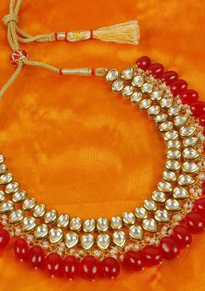 Gold Plated Red Kundan Stone Earring With Necklace Set