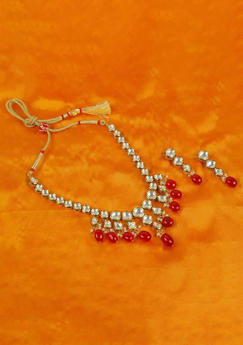 Gold Plated Red Kundan Stone Earring With Necklace Set - Indya