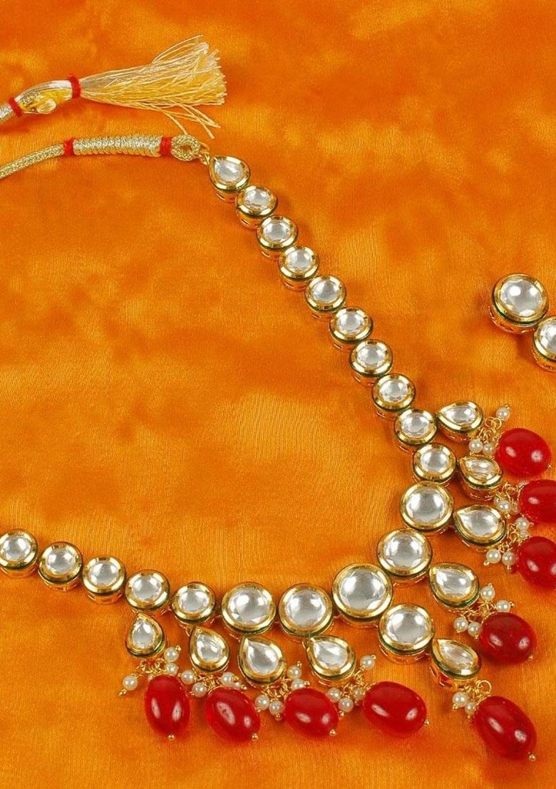 Gold Plated Red Kundan Stone Earring With Necklace Set