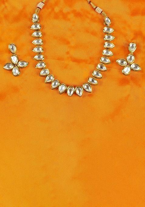 Gold Plated White Kundan Stone Earring With Necklace Set