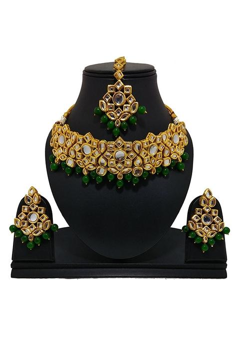 Gold Plated Green Kundan Stone Earring With Necklace Set