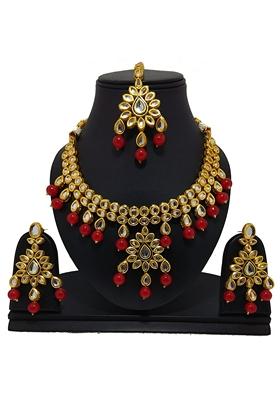 Gold Plated Red Kundan Stone Earring With Necklace Set