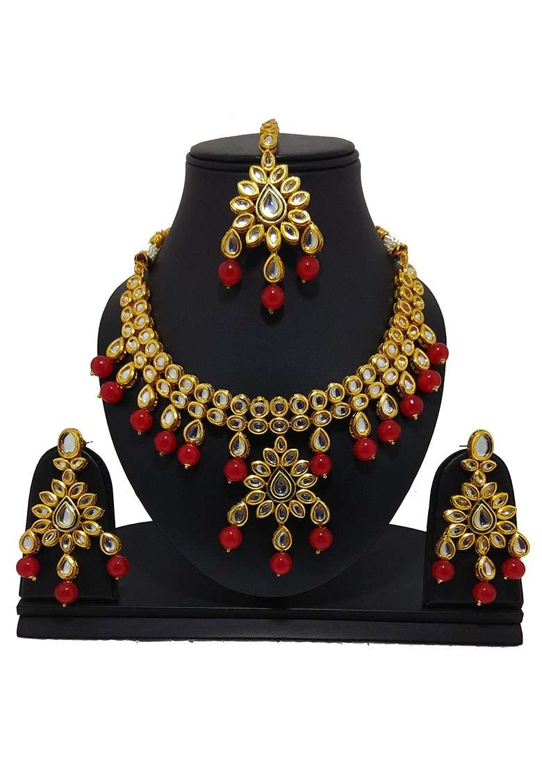 Gold Plated Red Kundan Stone Earring With Necklace Set - Indya