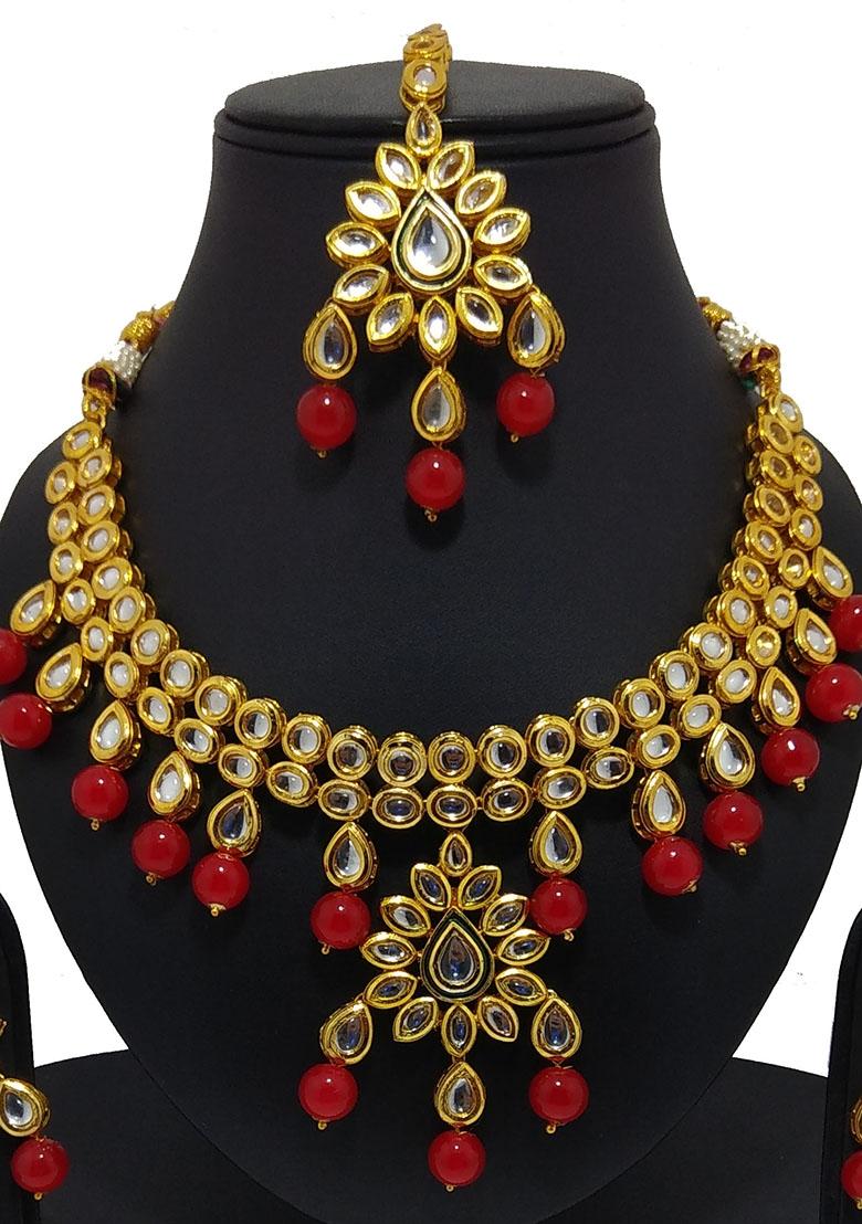 Gold Plated Red Kundan Stone Earring With Necklace Set