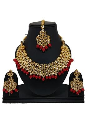 Gold Plated Red Kundan Stone Earring With Necklace Set