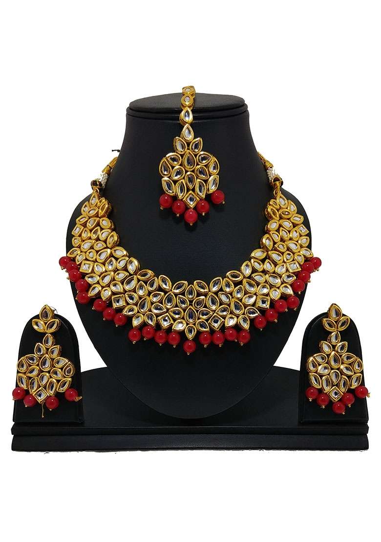 Gold Plated Red Kundan Stone Earring With Necklace Set - Indya