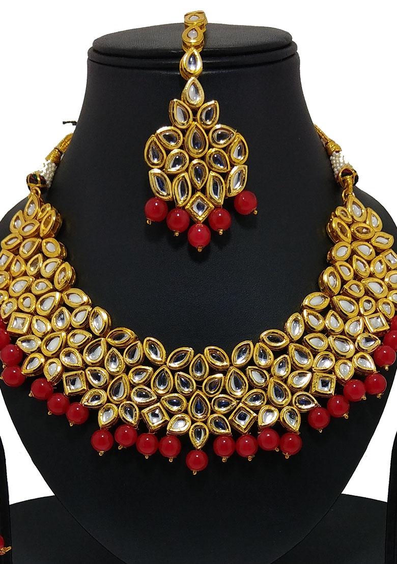 Gold Plated Red Kundan Stone Earring With Necklace Set