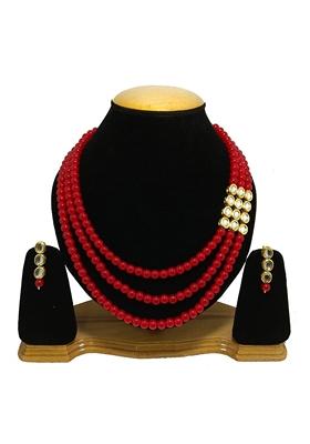 Gold Plated Red Kundan Stone Earring With Necklace Set