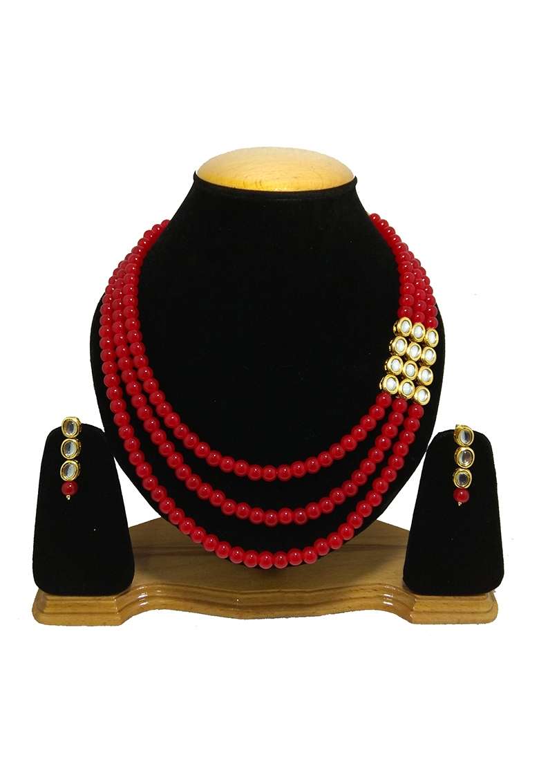 Gold Plated Red Kundan Stone Earring With Necklace Set - Indya