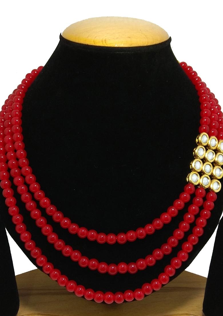 Gold Plated Red Kundan Stone Earring With Necklace Set