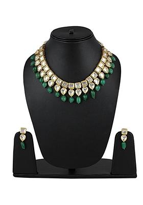 Gold Plated Bottle Green Kundan Stone Earring With Necklace Set
