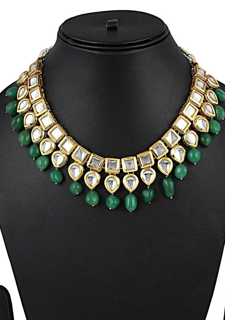 Gold Plated Bottle Green Kundan Stone Earring With Necklace Set