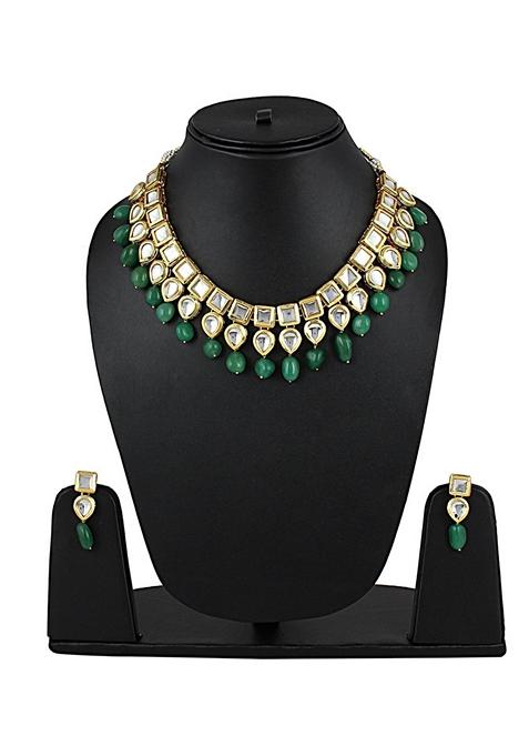 Gold Plated Bottle Green Kundan Stone Earring With Necklace Set