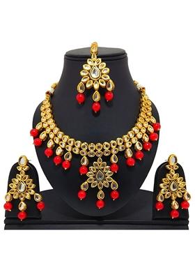 Gold Plated Red Kundan Stone Earring With Necklace Set