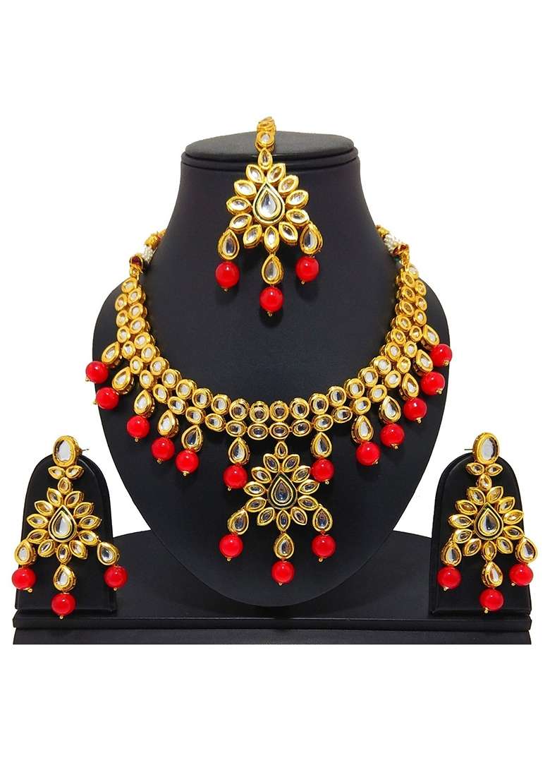 Gold Plated Red Kundan Stone Earring With Necklace Set - Indya