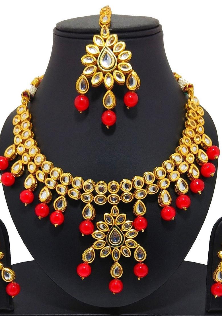 Gold Plated Red Kundan Stone Earring With Necklace Set